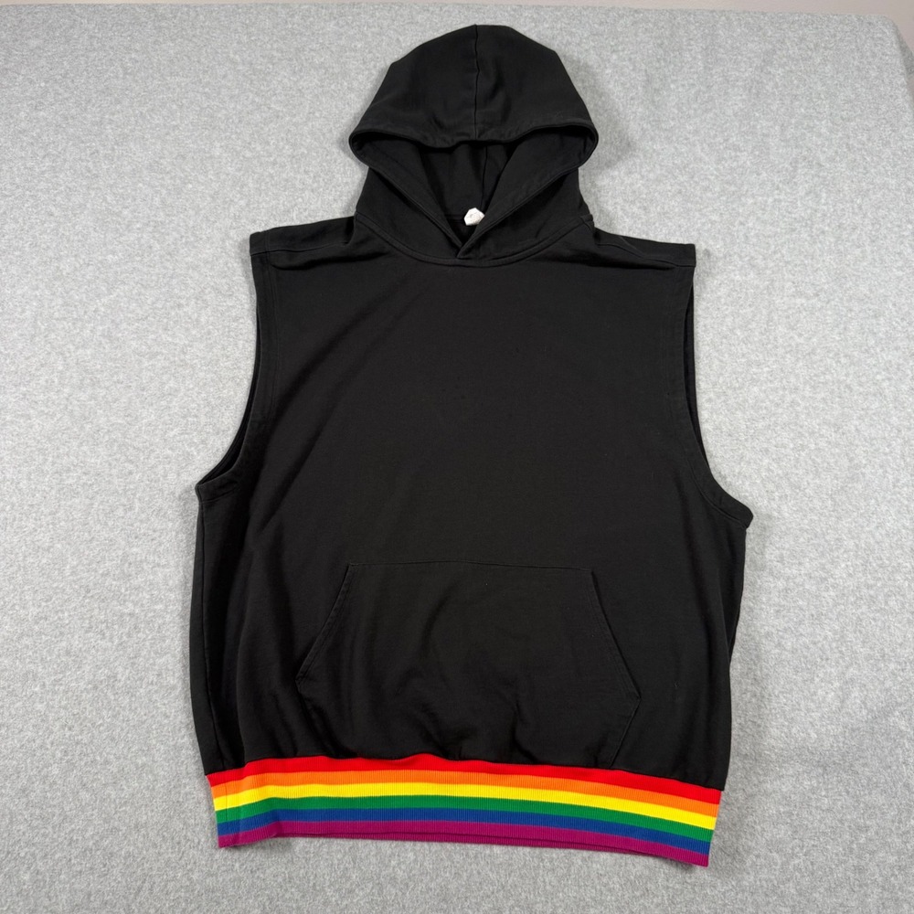 TomboyX Mens XL Black Sleeveless Hoodie Rainbow Striped Hem Cotton Vest 1650